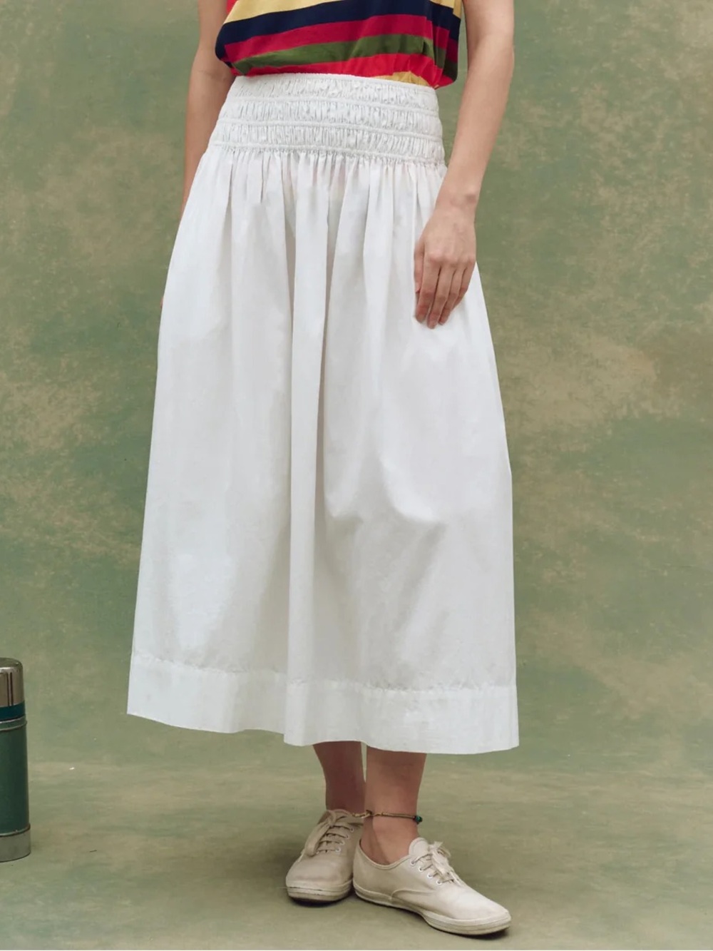 THE GREAT. White Smocked-Waist Midi Skirt